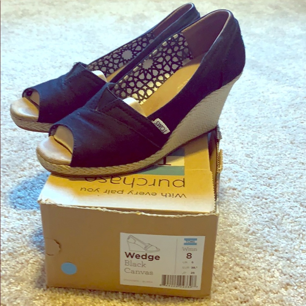 Toms Black Canvas Wedge Heels